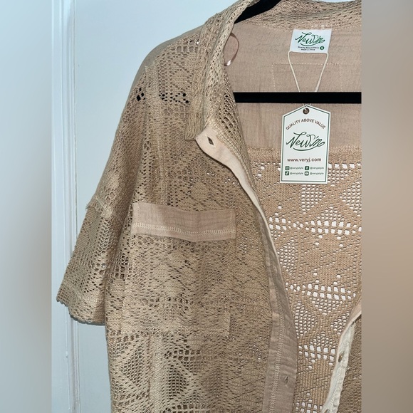 Desert Sand Open Crochet Button Up Short Sleeve Top - Picture 4 of 10